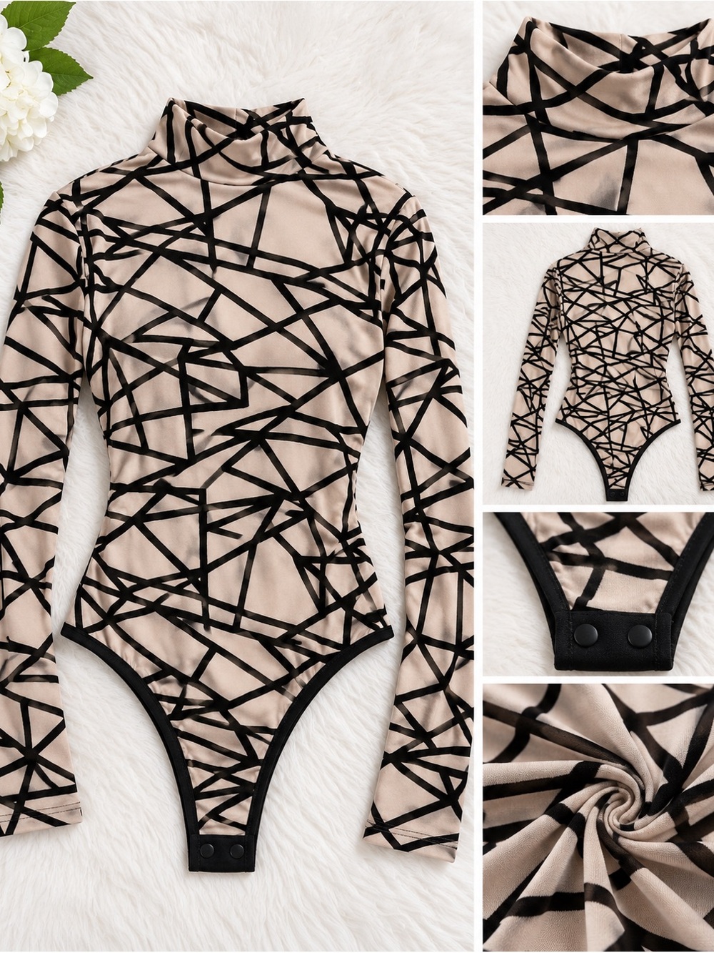 SHEIN Beige and Black Geometric Print Long Sleeve Turtleneck Bodysuit